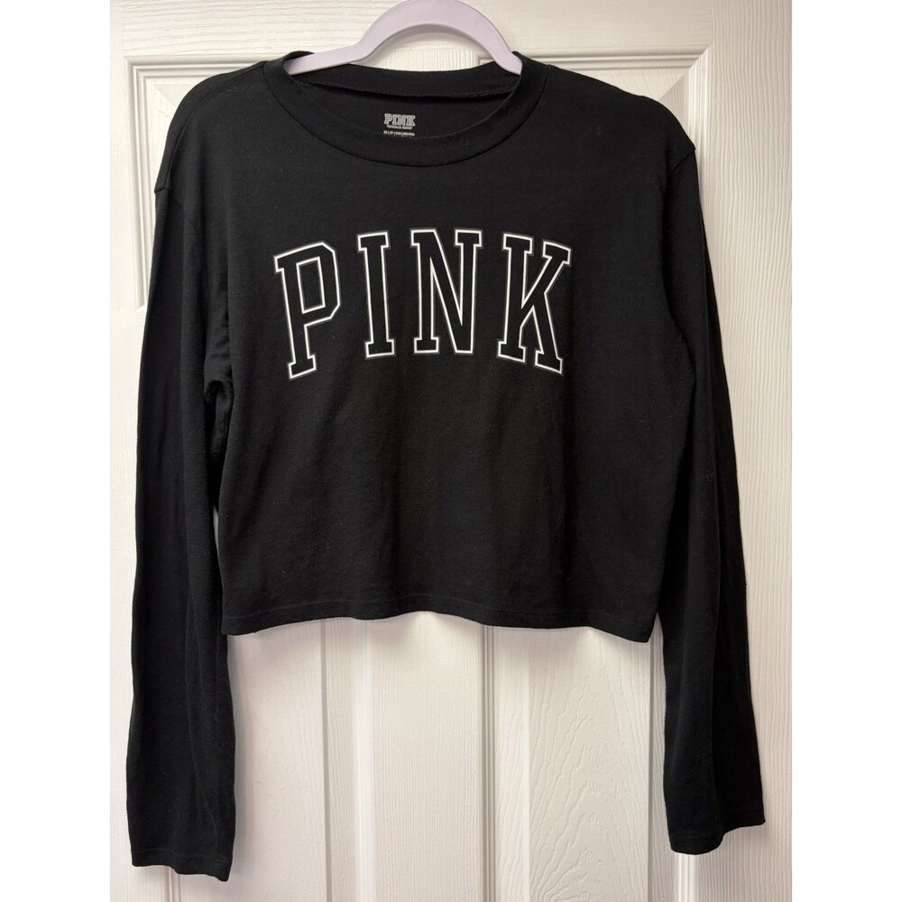 Victoria’s Secret PINK Cropped Long Sleeve Top Women’s XS Black Logo T-Shirt